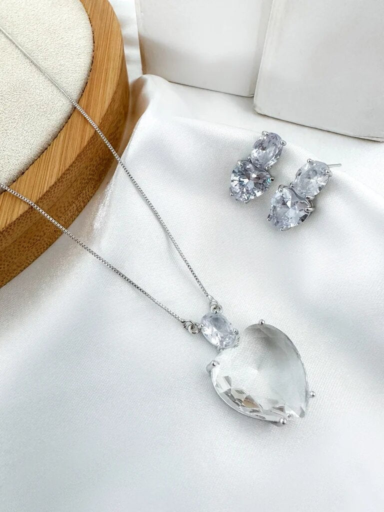 Colar e Brinco Coração em Zirconia Folheado a Prata 925 Rosê