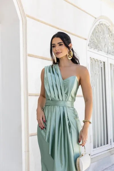 Vestido Longo Glamour Acetinado Verde Oliva