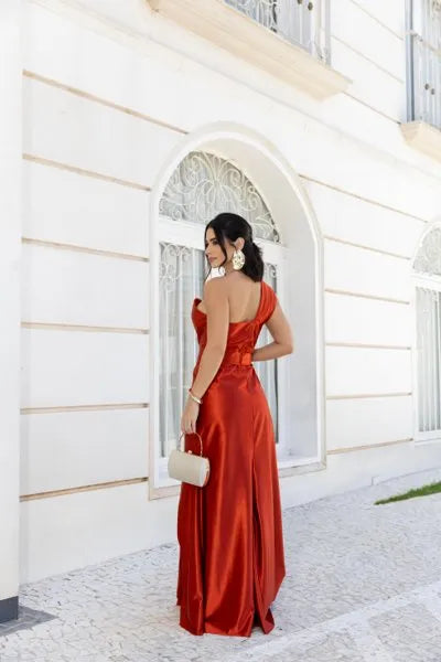 Vestido Longo Glamour Acetinado Terracota