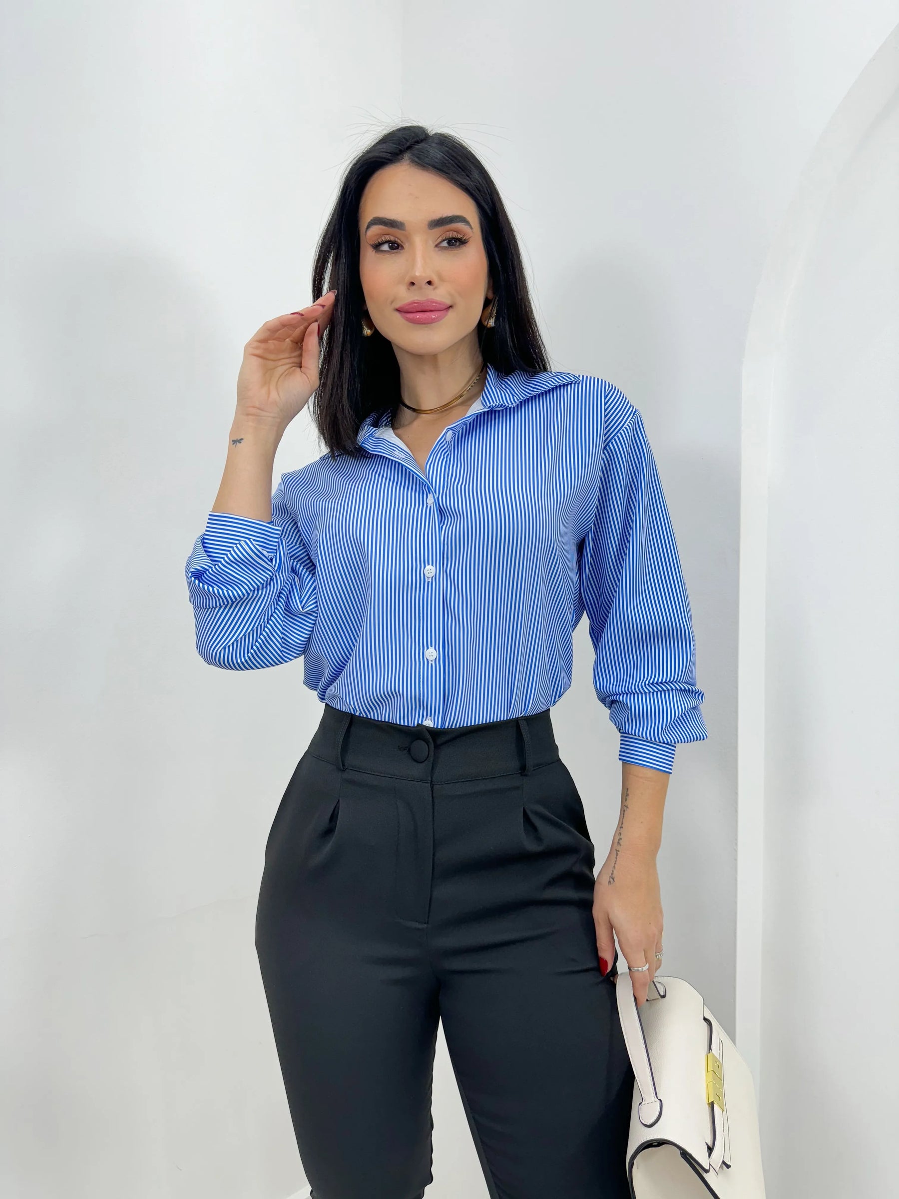 Camisa Social Risca de Giz Preto