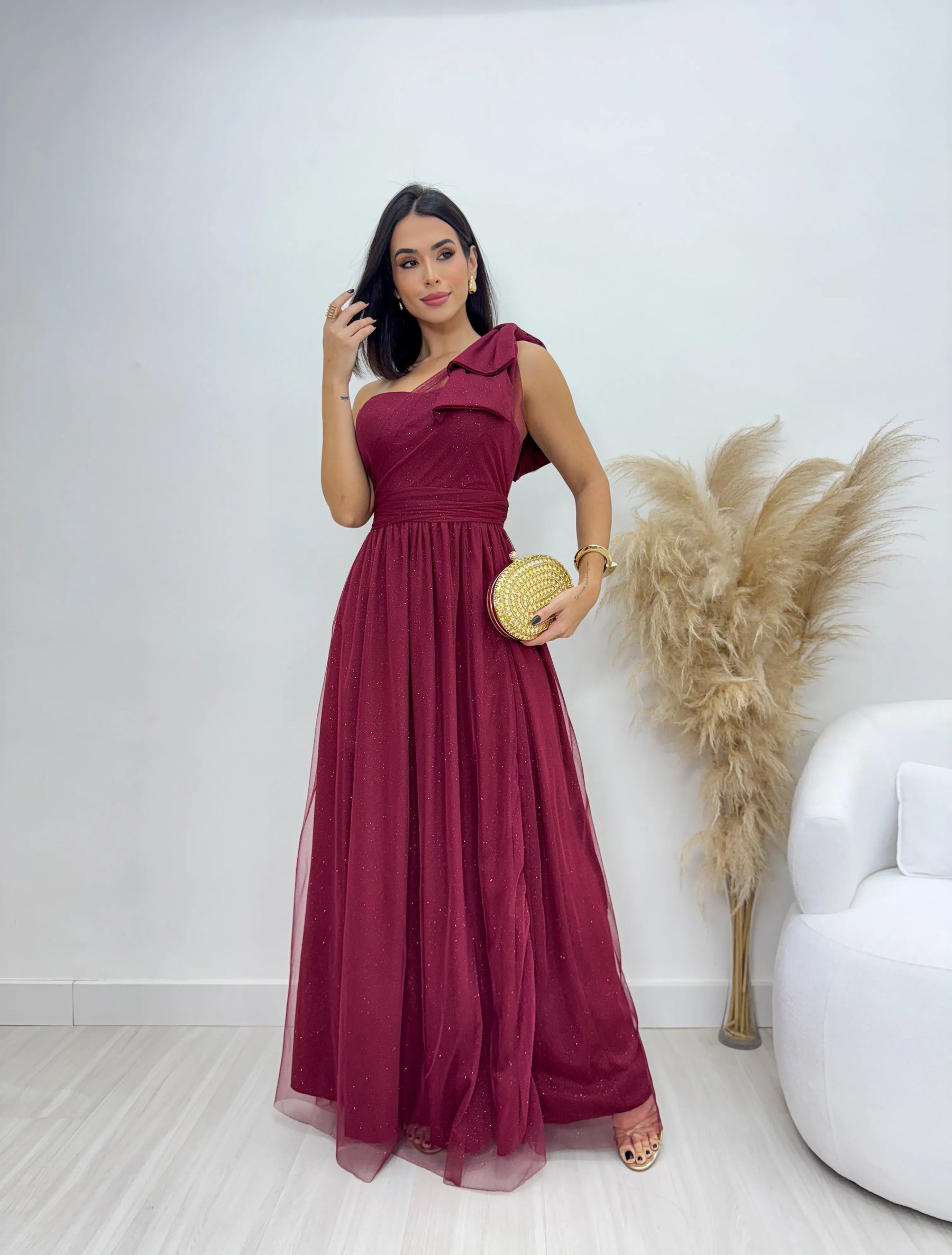 Vestido Longo em Tule Sofia Com Glitter