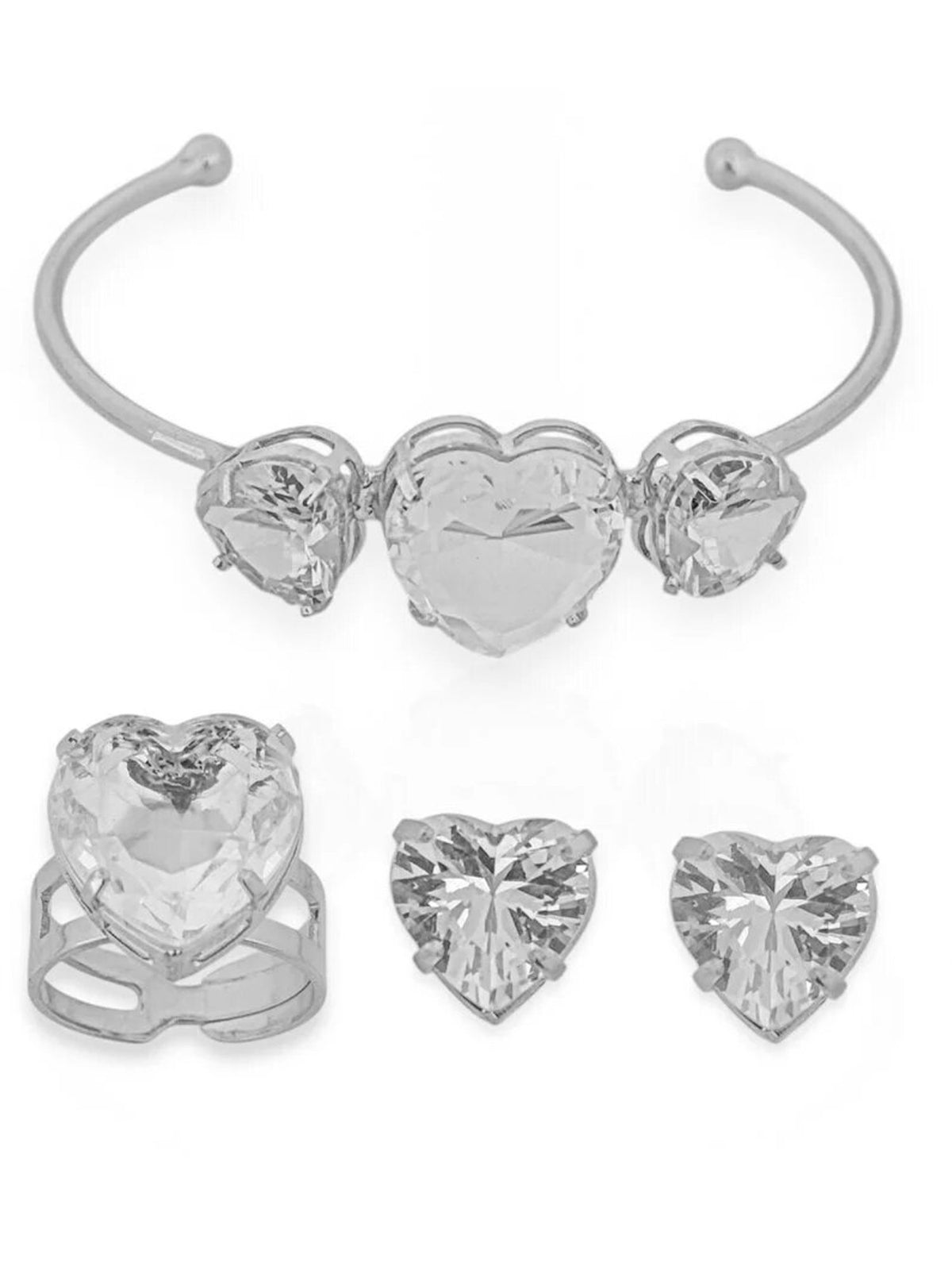 Conjunto Bracelete, Anel e Brinco Folheado a Ouro 18k e Prata 925 Coração Com Zircônia Prata