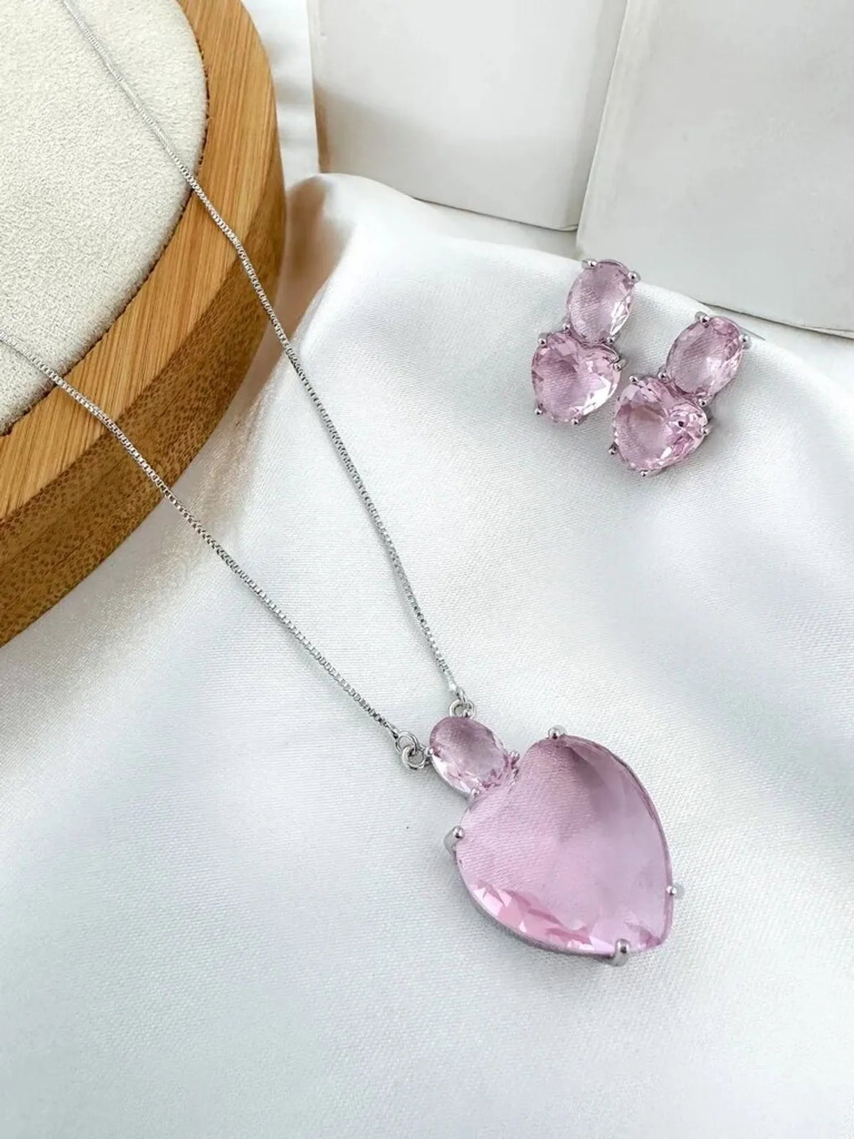 Colar e Brinco Coração em Zirconia Folheado a Prata 925 Rosê