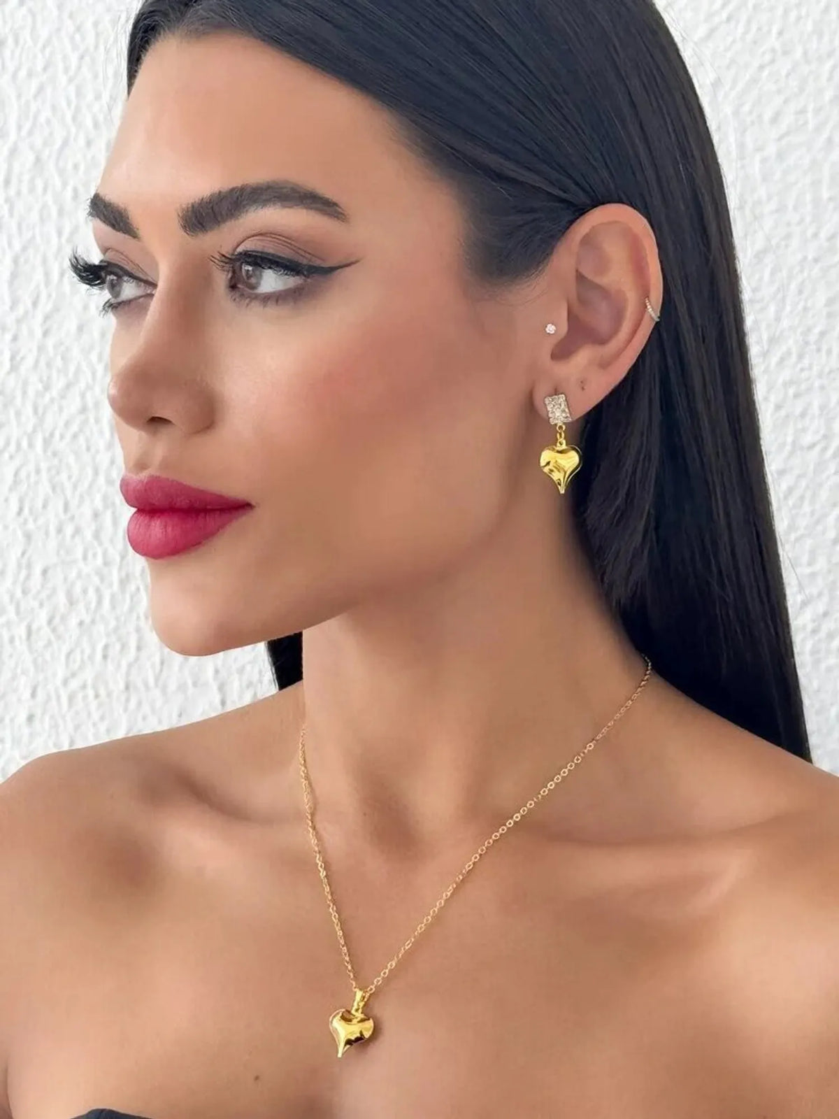 Conjunto Colar e Brinco Ponteira Quadrada Cravejada com Coração Liso
