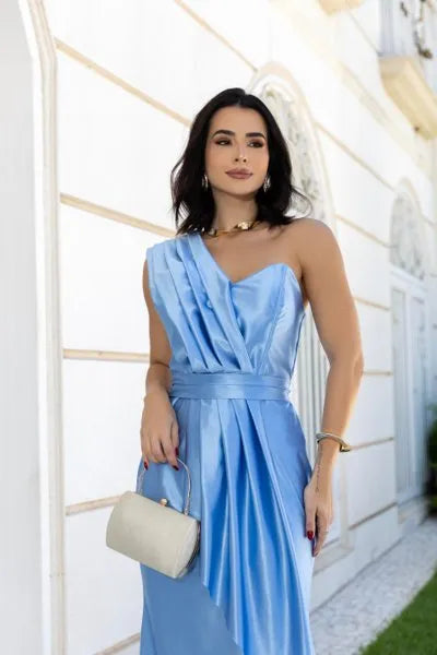 Vestido Longo Glamour Acetinado Azul Serenity