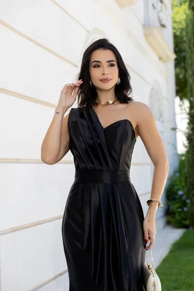 Vestido Longo Glamour Acetinado Preto