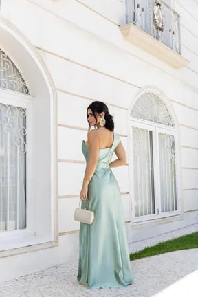 Vestido Longo Glamour Acetinado Verde Oliva