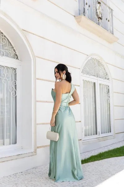 Vestido Longo Glamour Acetinado Verde Oliva