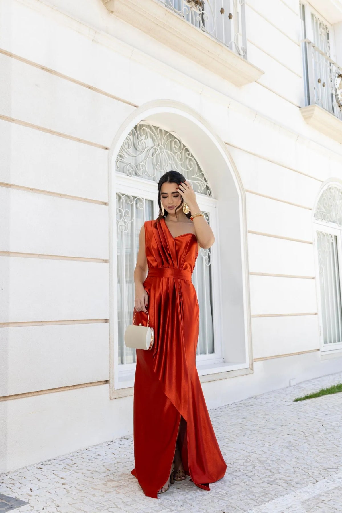 Vestido Longo Glamour Acetinado Terracota