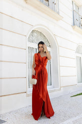 Vestido Longo Glamour Acetinado Terracota