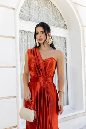 Vestido Longo Glamour Acetinado Terracota