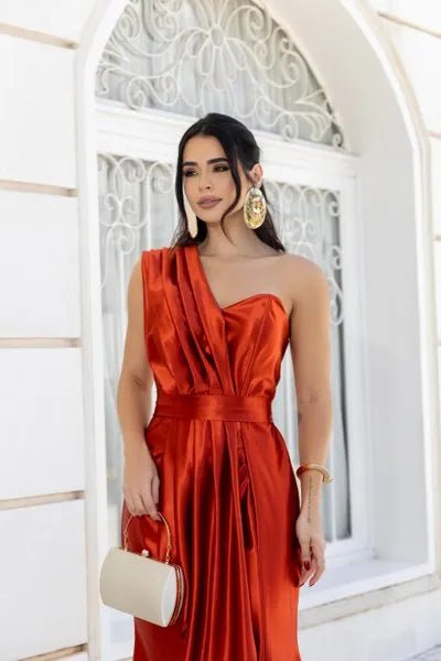 Vestido Longo Glamour Acetinado Terracota