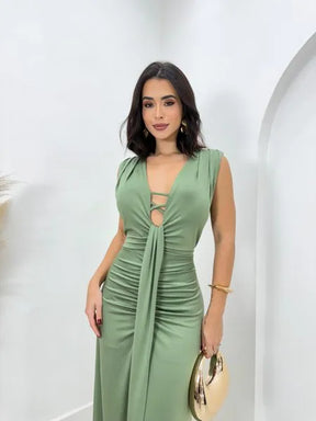 Vestido Longo Nicole Poliamida Verde Oliva