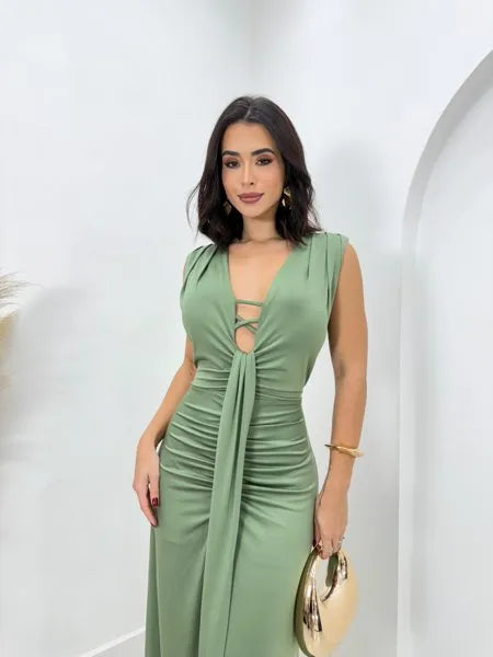 Vestido Longo Nicole Poliamida Verde Oliva